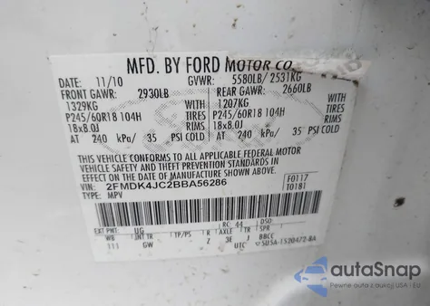 2011 Ford Edge Sel из США, поврежденный, VIN 2FMDK4JC2BBA56286